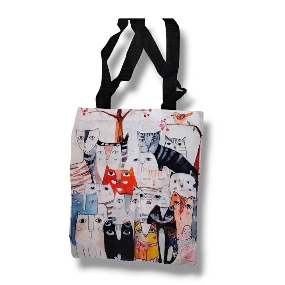 Cat Bag Tote Canvas Natural Red, Black Shoulder Strap OS 12x14" NEW‎